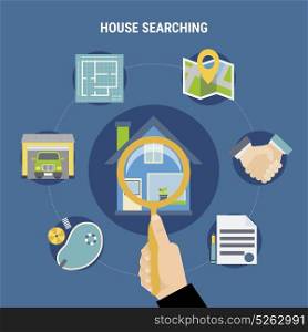 House Searching Concept. House searching concept with purchase symbols on blue background flat vector illustration