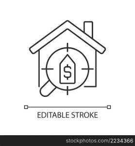 House searching services linear icon. Help to find dwelling. Rent apartment and home. Real estate. Thin line illustration. Contour symbol. Vector outline drawing. Editable stroke. Arial font used. House searching services linear icon