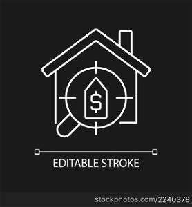 House searching services white linear icon for dark theme. Help to find dwelling. Rent apartment. Real estate. Thin line illustration. Isolated symbol for night mode. Editable stroke. Arial font used. House searching services white linear icon for dark theme