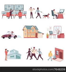 House security system flat icons set with robbers policemen installed cameras monitors isolated on white background vector illustration