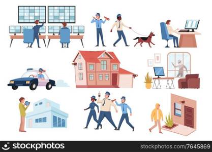 House security system icons set with police officers thieves and surveillance cameras flat isolated vector illustration