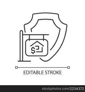 House selling insurance linear icon. Asset coverage. Protection and damage prevention. Property sale. Thin line illustration. Contour symbol. Vector outline drawing. Editable stroke. Arial font used. House selling insurance linear icon