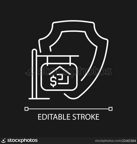 House selling insurance white linear icon for dark theme. Asset coverage. Protection and damage prevention. Thin line illustration. Isolated symbol for night mode. Editable stroke. Arial font used. House selling insurance white linear icon for dark theme
