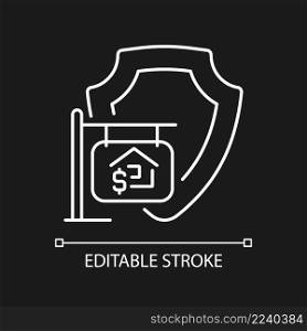 House selling insurance white linear icon for dark theme. Asset coverage. Protection and damage prevention. Thin line illustration. Isolated symbol for night mode. Editable stroke. Arial font used. House selling insurance white linear icon for dark theme