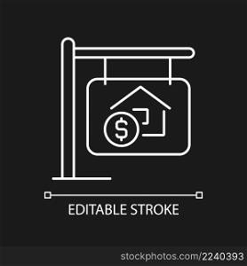 House selling white linear icon for dark theme. Home purchasing. Realty buying. Real estate ownership. Thin line illustration. Isolated symbol for night mode. Editable stroke. Arial font used. House selling white linear icon for dark theme