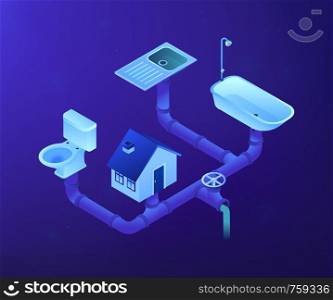 House sewage system with pipes, sink, bath and toilet. Sewerage system, domestic wastewater service, sewer system technologies concept. Ultraviolet neon vector isometric 3D illustration.. Sewerage system concept vector isometric illustration.
