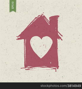 House sign with heart on paper texture. Vector, EPS10