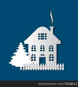 House silhouette, three storey dwelling. Residential real estate building icon isolated on blue. Home paper cut icon with chimney, fence and spruce tree. House Silhouette, Three Storey Estate Dwelling