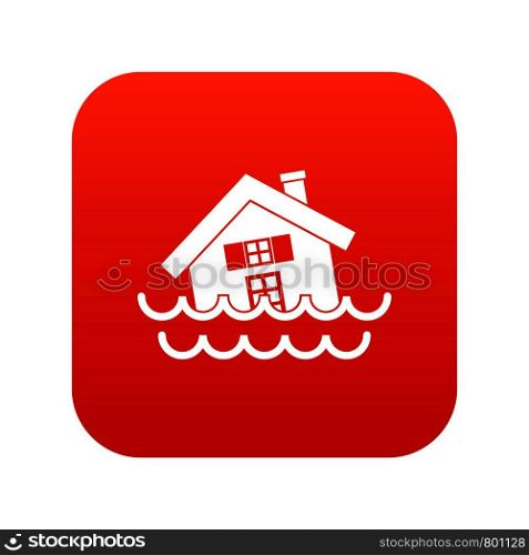 House sinking in a water icon digital red for any design isolated on white vector illustration. House sinking in a water icon digital red