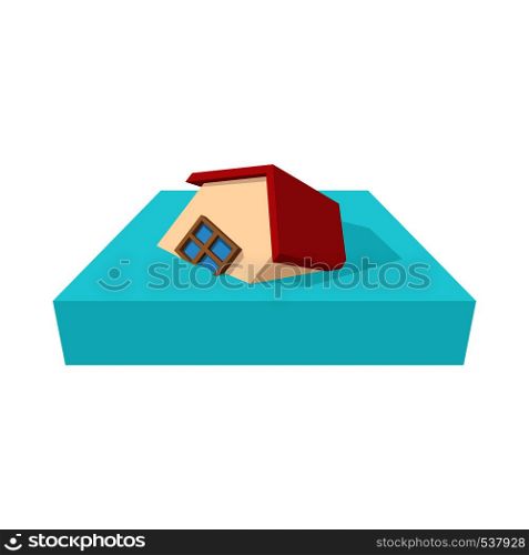 House sinking in a water icon in cartoon style on a white background. House sinking in a water icon, cartoon style