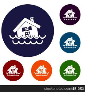 House sinking in a water icons set in flat circle reb, blue and green color for web. House sinking in a water icons set