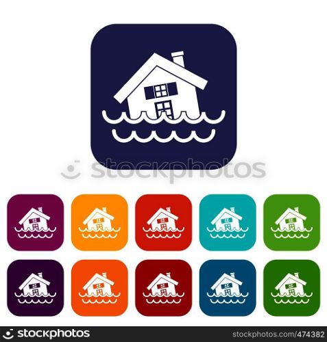 House sinking in a water icons set vector illustration in flat style In colors red, blue, green and other. House sinking in a water icons set