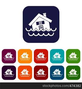 House sinking in a water icons set vector illustration in flat style In colors red, blue, green and other. House sinking in a water icons set