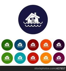 House sinking in a water set icons in different colors isolated on white background. House sinking in a water set icons