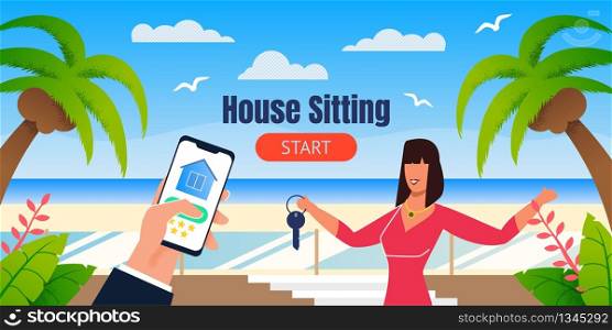 House Sitting Landing Page with Tropical Design. Cartoon Female Realtor Offering Kiss from Rental House on Seaside. Flat Human Hand Holding Phone with Open Application. Vector Illustration. House Sitting Landing Page with Tropical Design