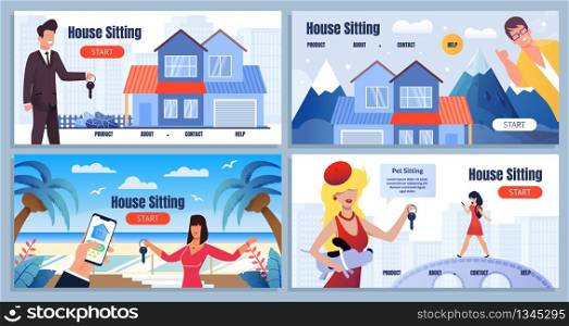 House Sitting on Tropical and Mountain Resort. Share Economy Service. Cartoon Landing Page with Flat Design. Friendly Smiling Male and Female Realtor Help Find Place to Stay. Vector Illustration. House Sitting Share Economy Cartoon Landing Page