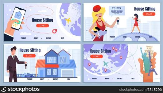 House Sitting Service Cartoon Landing Page Set. Mortgage and Sharing. Rent Apartment. Relationship Landlord and Tenant. Mobile Application for Search Rent House. Vector Flat Illustration. House Sitting Service Cartoon Landing Page Set