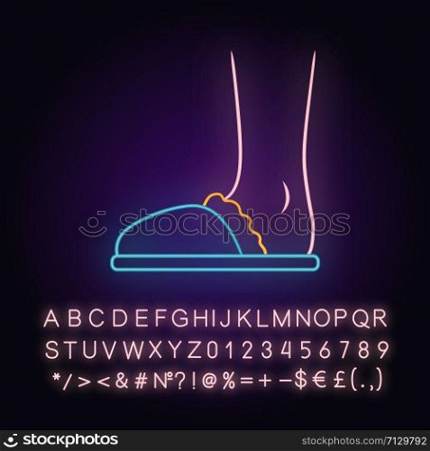 House slippers neon light icon. Woman home footwear, garment design. Female fluffy cozy shoes side view. Glowing sign with alphabet, numbers and symbols. Vector isolated illustration