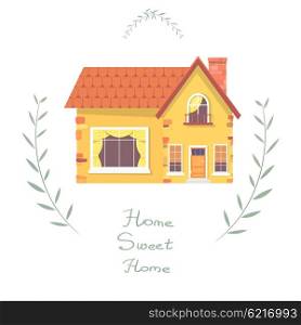 House. Small country house with red roof, branches and the inscription. Illustration of a country house on a white background. Stock vector
