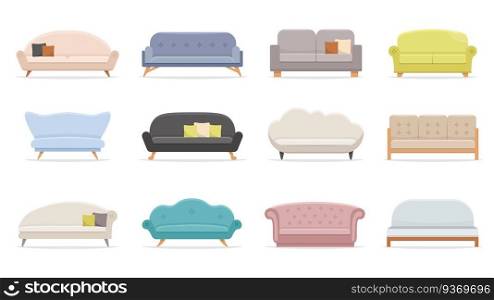 House sofa. Comfortable couch, minimalist modern sofas. Luxury classic apartment furniture, comfortable domestic interior decor sofa with pillow. Flat vector isolated illustration icons set. House sofa. Comfortable couch, minimalist modern sofas flat vector illustration set