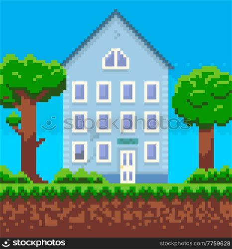 House surrounded by green spaces and plants. Apartment building with many windows for pixel game. Panorama architecture. Layout of mobile app, computer pixelated game. Old architectural construction. House surrounded by green spaces and plants. Building with many windows for pixel game design