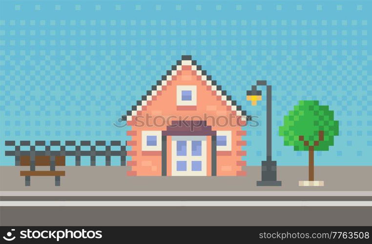 House surrounded by green spaces and plants. Apartment building with many windows for pixel game. Panorama architecture. Layout of mobile app, computer pixelated game. Old architectural construction. House surrounded by green spaces and plants. Building with many windows for pixel game design