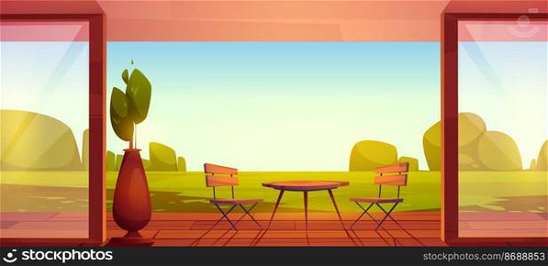 House terrace, wooden patio with table, chairs and view to garden. Vector cartoon illustration with home veranda with roof and glass walls and landscape of backyard with green lawn and trees. House terrace, wooden patio with table and chairs