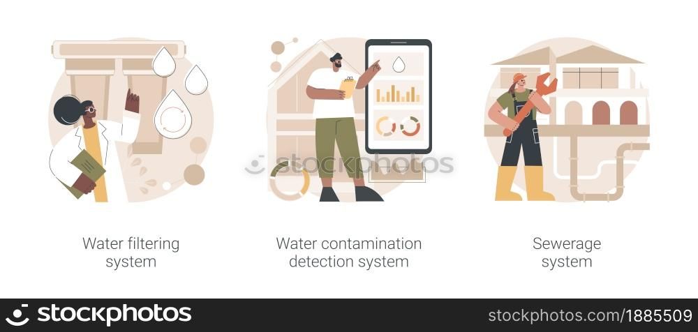 House utilities abstract concept vector illustration set. Water filtering system, contamination detection, sewerage wastewater collection, septic system, smart home sensor abstract metaphor.. House utilities abstract concept vector illustrations.