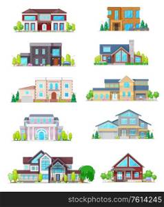 House vector icons of real estate buildings. Cottage home, villa and bungalow, townhouse and mansion front views, town and village residential architecture isolated symbols. Real estate house building and cottage home icons
