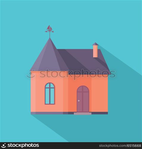 House vector in flat style. Home icon with long shadow. Cottage picture for real estate, building concepts, web, app pictogram, infographics, logotype design. On blue background. . House Vector Illustration in Flat Design. . House Vector Illustration in Flat Design.