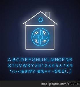 House ventilation neon light icon. Conditioning home. Clean germs and microbes. Dust ventilation system. Glowing sign with alphabet, numbers and symbols. Vector isolated illustration