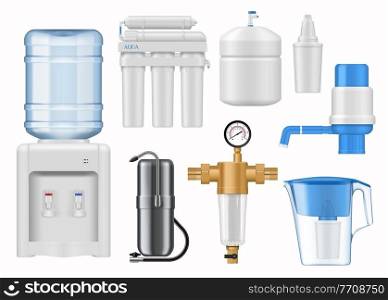 House water filtering equipment mockup. Realistic vector bottled water dispenser or cooler, reverse osmosis, pitcher and home countertop water filter cartridges, hand pump, backwash sediment filter. Household water filters cartridges and cans mockup