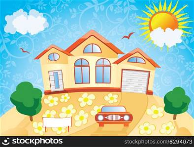house with a garden and a car on a background of blue sky