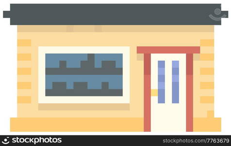 House with black roof. Pixel shop, home, trade pavilion from pixel-game. Dwelling on white background. Colored premise in city. Brick building with door. Vector pixelated construction design for game. House with black roof, shop. Dwelling on white background. Brick building, home from pixel-game