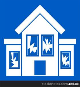 House with broken windows icon white isolated on blue background vector illustration. House with broken windows icon white