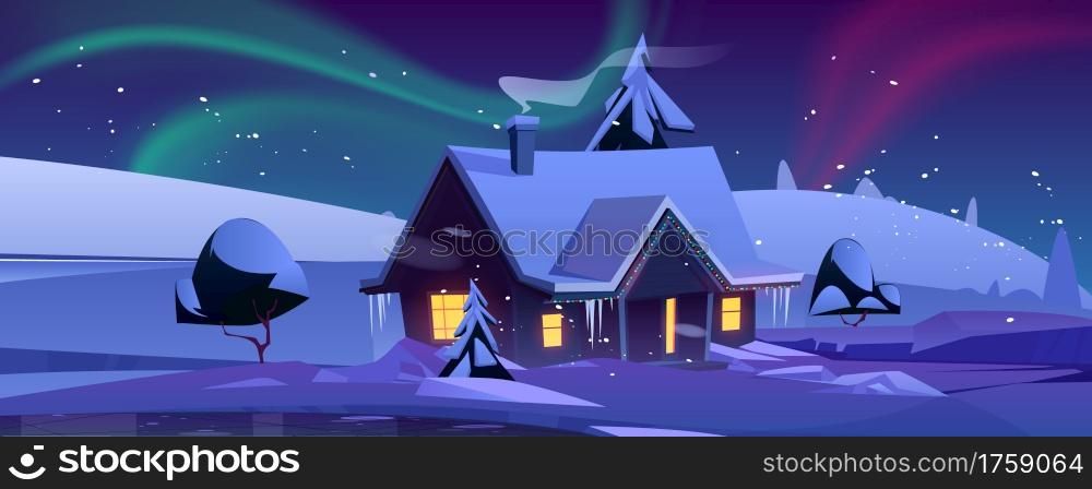 House with christmas decoration at night. Winter landscape with snow, cottage and aurora borealis in sky. Vector cartoon illustration with northern lights, snowy hills and house. House with christmas decoration at night