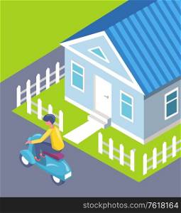 House with fence and cut lawn vector, person on scooter riding on path flat style man wearing helmet using ecologically friendly transport in city. Man on Scooter Passing House Fence City Vector