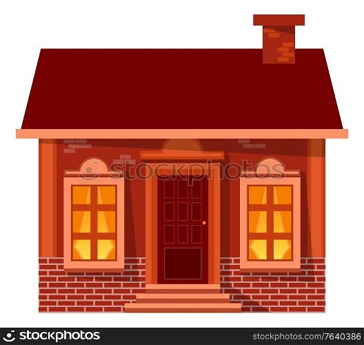 House with lights from big windows, wooden door and stairs. Village building, bricks wall and brown roof with chimney. Exterior of home architecture with panoramic glass, Christmas card vector. Christmas House with Panoramic Windows Vector