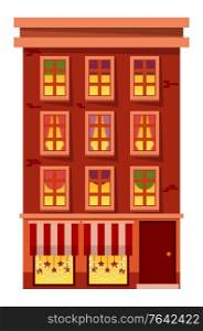 House with lit windows showing curtains of rooms vector. Decoration for winter holidays, tent with garlands in form of stars. Architecture of city, modern construction in village or town flat style. House in Modern Style Winter Decor in City or Town