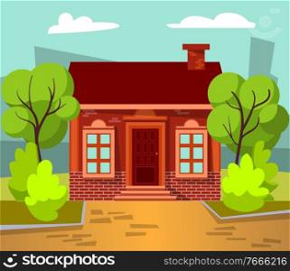 House with plant on yard and skyscrapers view in city. Brick construction with windows and door. Exterior of home architecture with tree and bush outdoor and shadow of high building, cloudy sky vector. House with Yard and Skyscraper View in City Vector