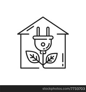 House with renewable alternative energy sources isolated thin line icon. Vector green home with plant plug shape, eco friendly building, outlet with leaf. Modern architecture electric plug with leaves. Green renewable energy in house, electric plug