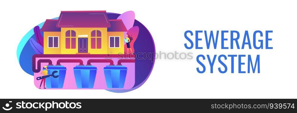 House with sewerage system and plumbing specialist with wrench. Sewerage system, domestic wastewater service, sewer system technologies concept. Header or footer banner template with copy space.. Sewerage system concept banner header.