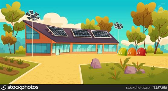 House with solar panels and garbage sorting litter bins. Eco friendly home, modern building on nature landscape with trees. Green renewable energy, organic architecture, Cartoon vector illustration. House with solar panels and sorting litter bins