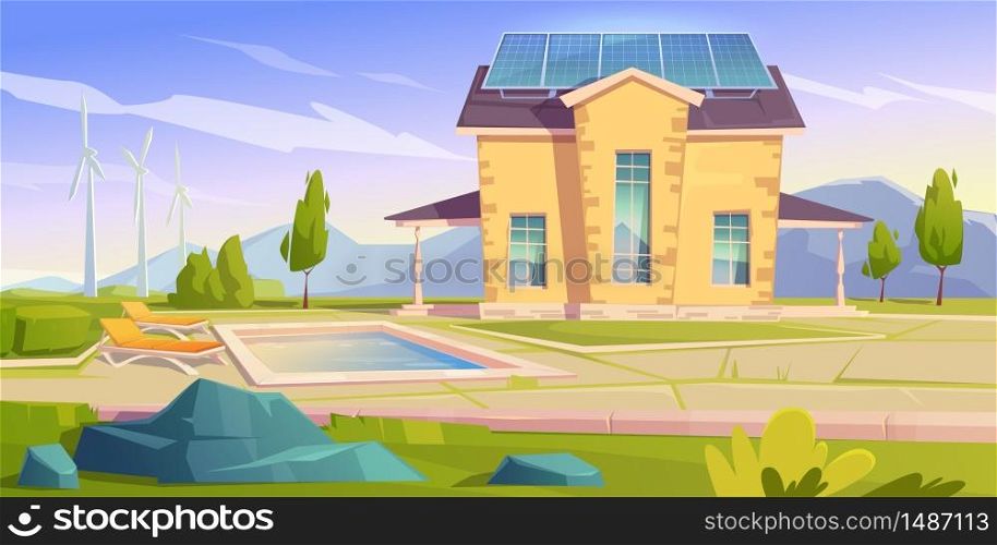 House with solar panels and wind mills. Eco friendly home, modern building on nature landscape with trees and swimming pool. Green renewable energy, organic architecture, Cartoon vector illustration. House with solar panels and wind mills. Eco home