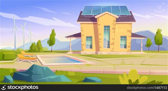 House with solar panels and wind mills. Eco friendly home, modern building on nature landscape with trees and swimming pool. Green renewable energy, organic architecture, Cartoon vector illustration. House with solar panels and wind mills. Eco home