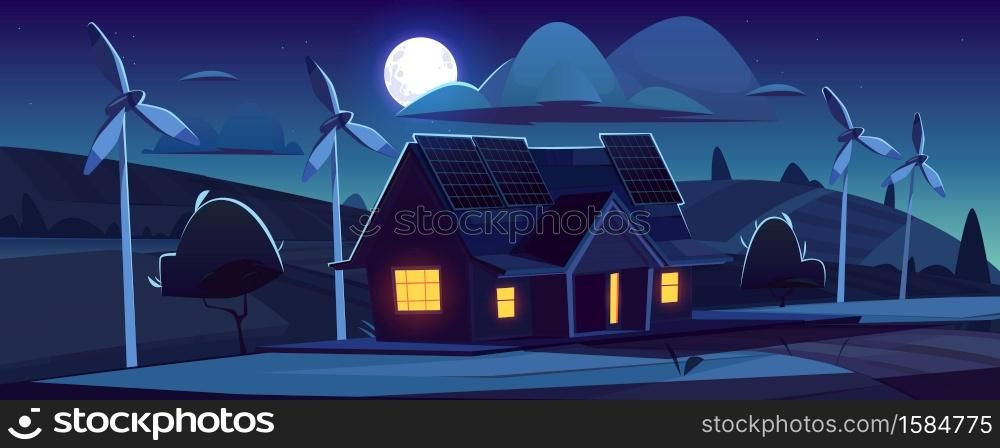 House with solar panels on roof and wind turbines at night. Eco friendly power generation, green energy concept. Vector cartoon landscape with modern cottage, windmills and moon in sky. House with solar panels and wind turbines at night