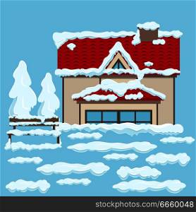 House with two floors, red roof, beige wall, french and triangular windows and wooden brown bench near under white snow on light blue background. Vector illustration of snowy winter weather.. House with Red Roof and Bench near under Snow