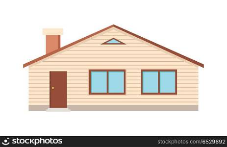 House with Two Windows, Door and Chimney Isolated. House with two windows, door and chimney isolated on white. Country village cosy home cottage. Option button to choose house cleaning on the site of cleaning service company. Vector illustration