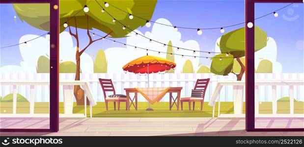 House wooden terrace and view to backyard with green trees, fence, table and chairs. Vector cartoon illustration of cottage patio with staircase and glass walls and furniture for picnic on lawn. House wooden terrace and view to backyard