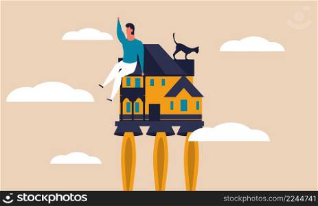 House work on smart rocket success and increase management. Character online office and workplace vector illustration concept. Employment freelance and power productivity boost. Remotely workspace